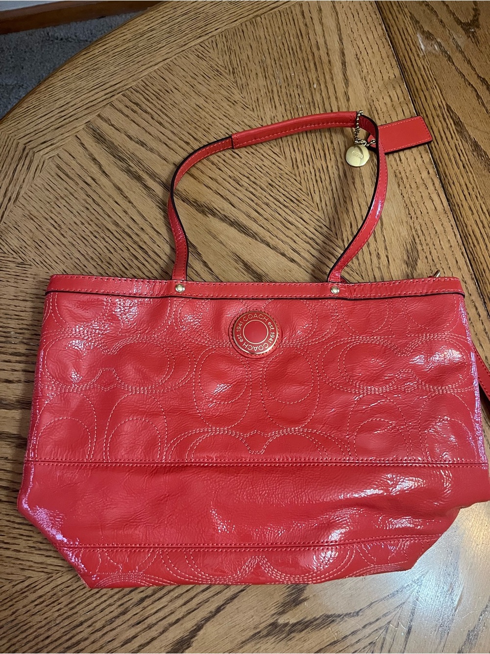 Coach Red Patent Signature Tote with Medallion